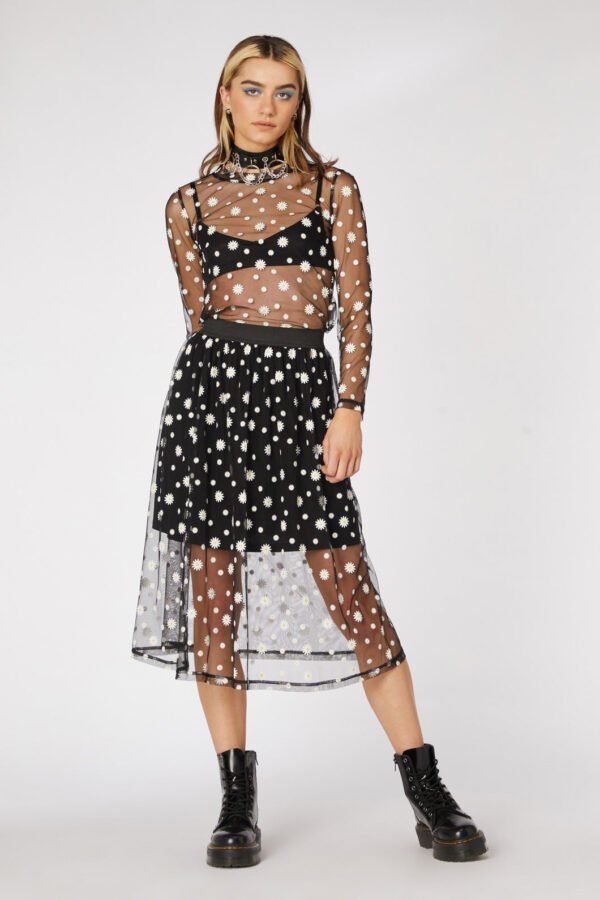 Daisy Mesh Sheer Midi Skirt